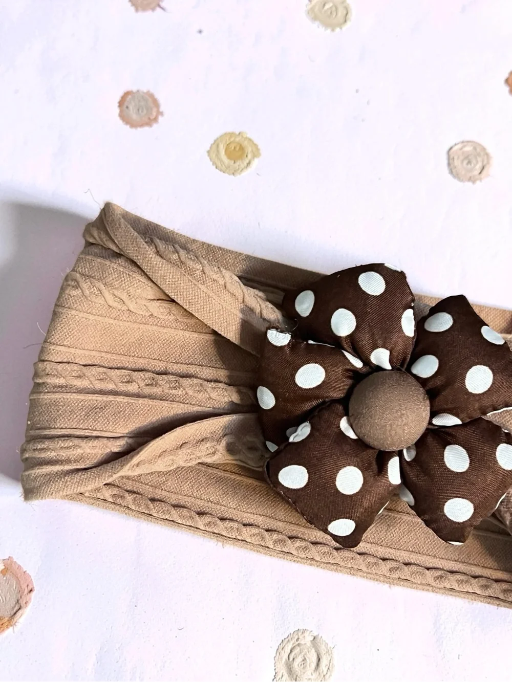 Handmade Baby/Toddler Cable Knit Turban Headwrap with Polka Dot Flower